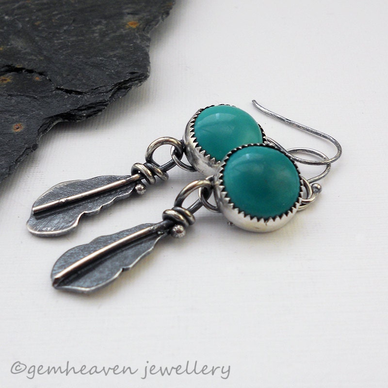 Sterling silver and Turquoise cabochon dangle feather earrings - Journey -