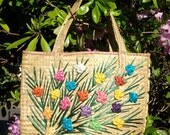 Vintage Large Raffia Straw Floral Bag Nassau