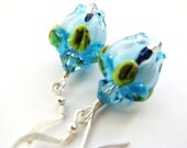 Mother's Day Earrings 1, Teal, Blue, Green - Rose Buds Lampwork, SRA Artisan Glass Flowers, Swarovski Crystals, Copper, Sterling Silver
