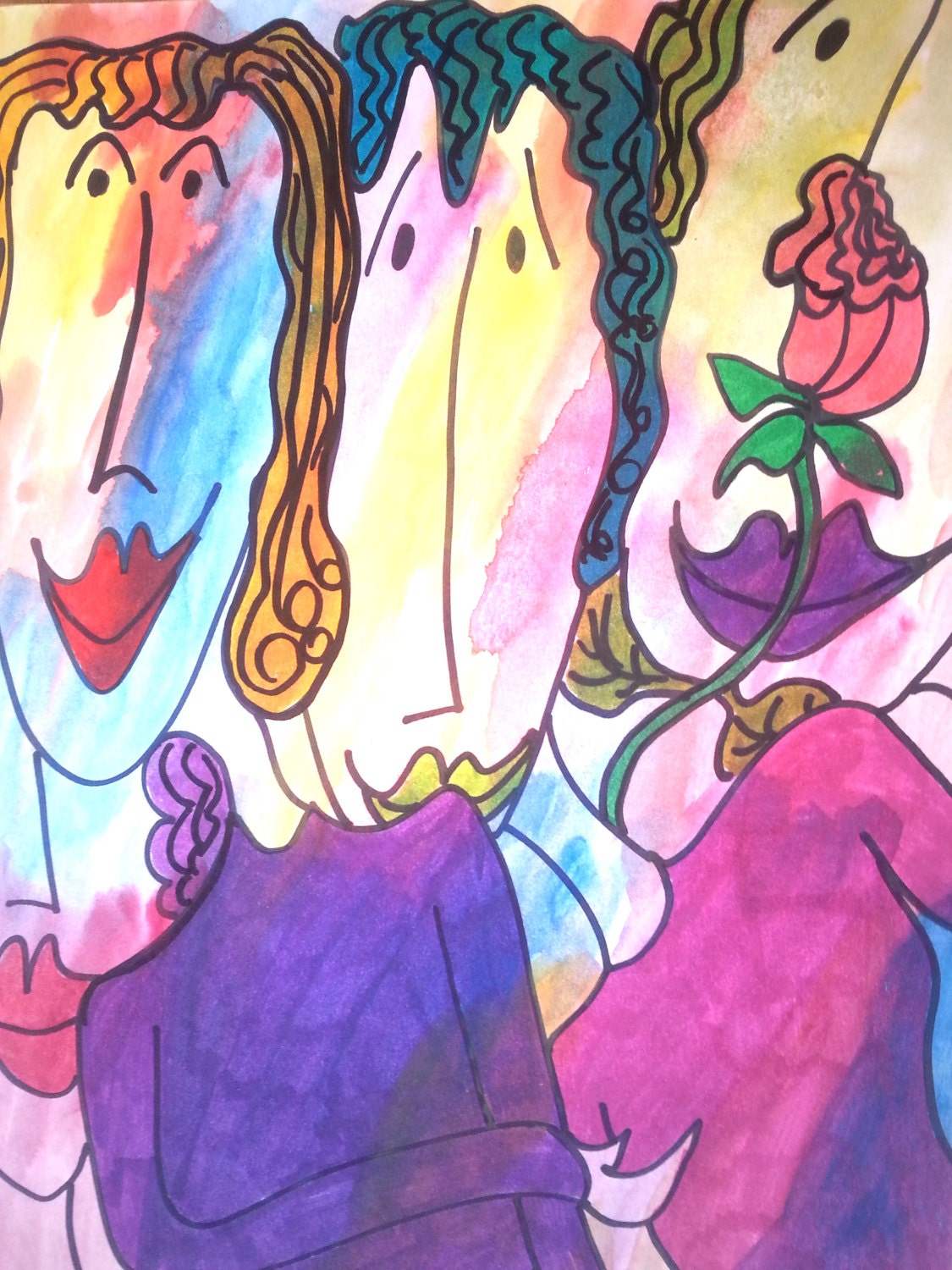 Awesome, vibrant watercolor, mixed media original painting, whimsical and fun