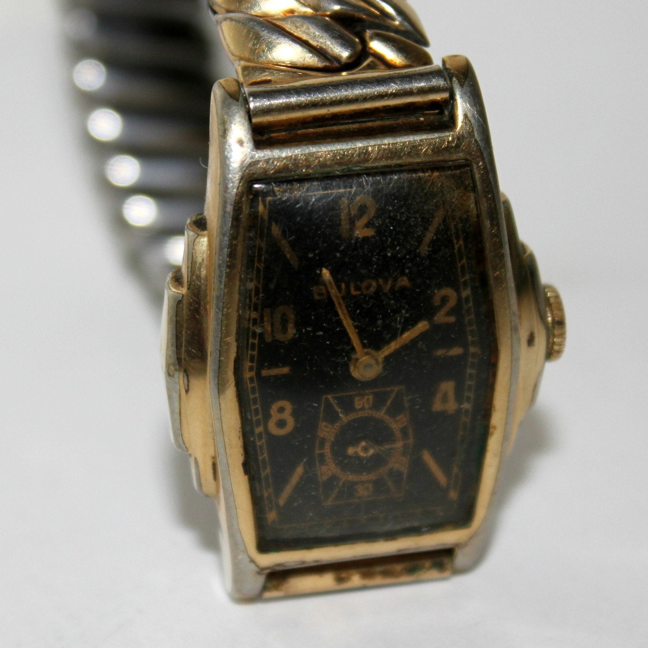 Vintage Bulova Men's Black Face Watch Wristwatch by