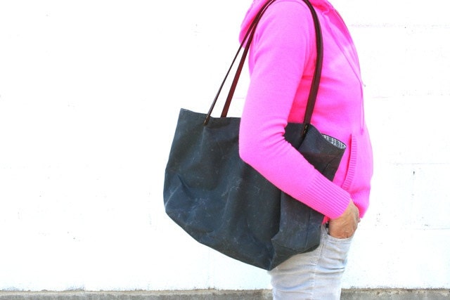 Large Gray Waxed Canvas Market Tote with Organic Cream Stripe and Red Lining