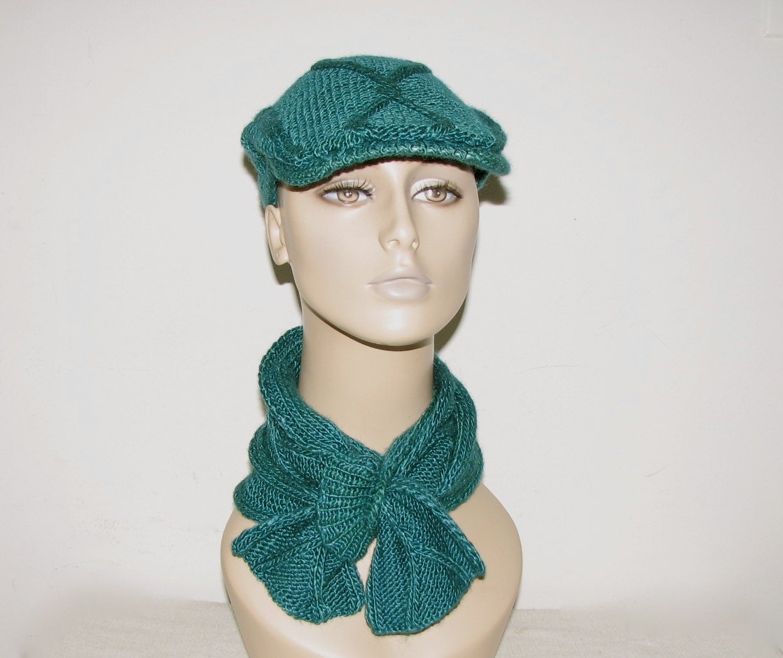 Hand Knit Set English Driver's Hat and Scarf - Teal - Cable Knit
