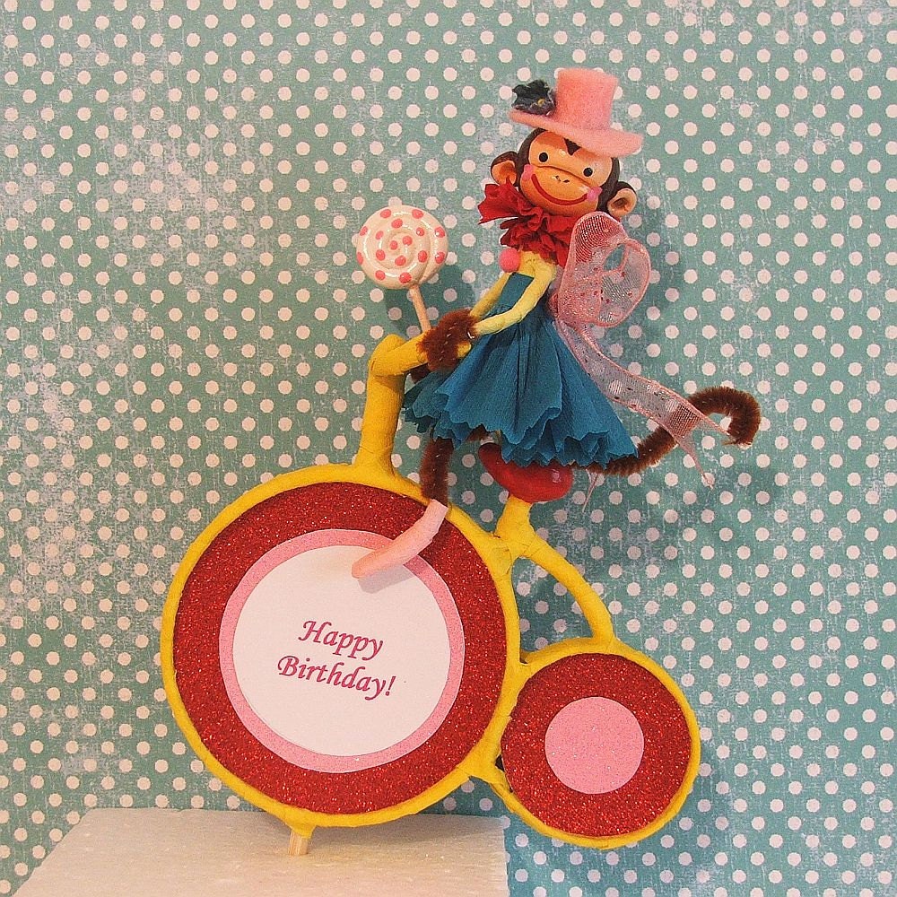 Girl Monkey Riding Bicycle Cake Topper/Decoration