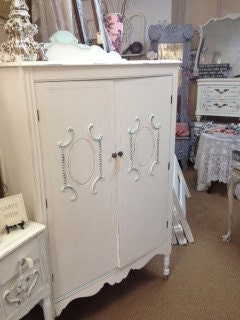 Vintage Armoire in Distressed Creamy White and Sea Green