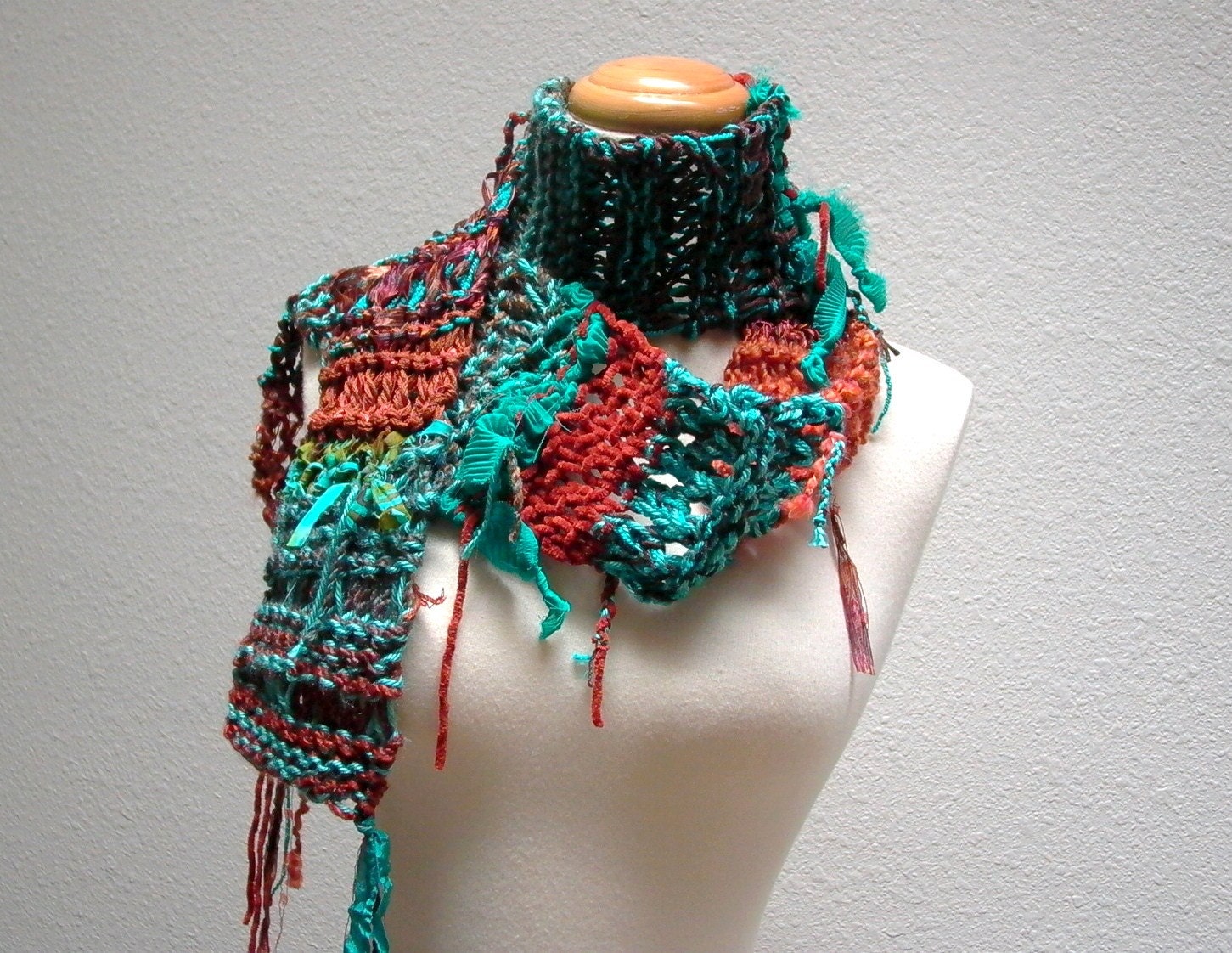 wild west. vegan knitted scarf . rustic tattered bohemian knitwear accessories . turquoise rust copper brown