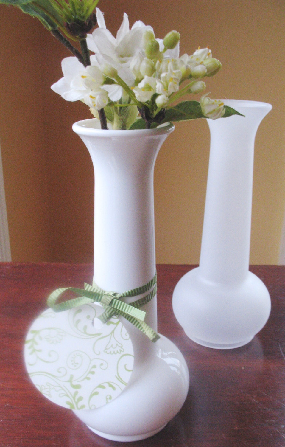 Classic Plastic Bud Vase & Gift Tag, 7.5" Tall. Perfect for single long stem flower or small bouquet. 24 Bud Vases, White / Frost