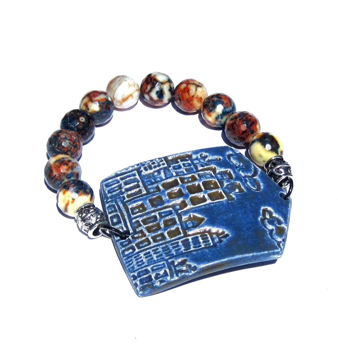 Sideways City Skyline Stretch Stack Bracelet blue with agate beads in red, blue, white