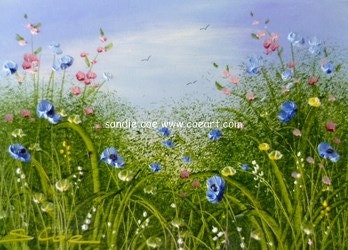 ACEO Original Miniature Oil Painting Blue Poppies by Sandie Coe