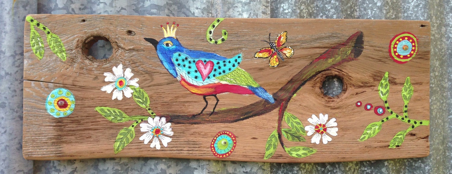 Colorful Bird Modern Folk on Repurposed Wood