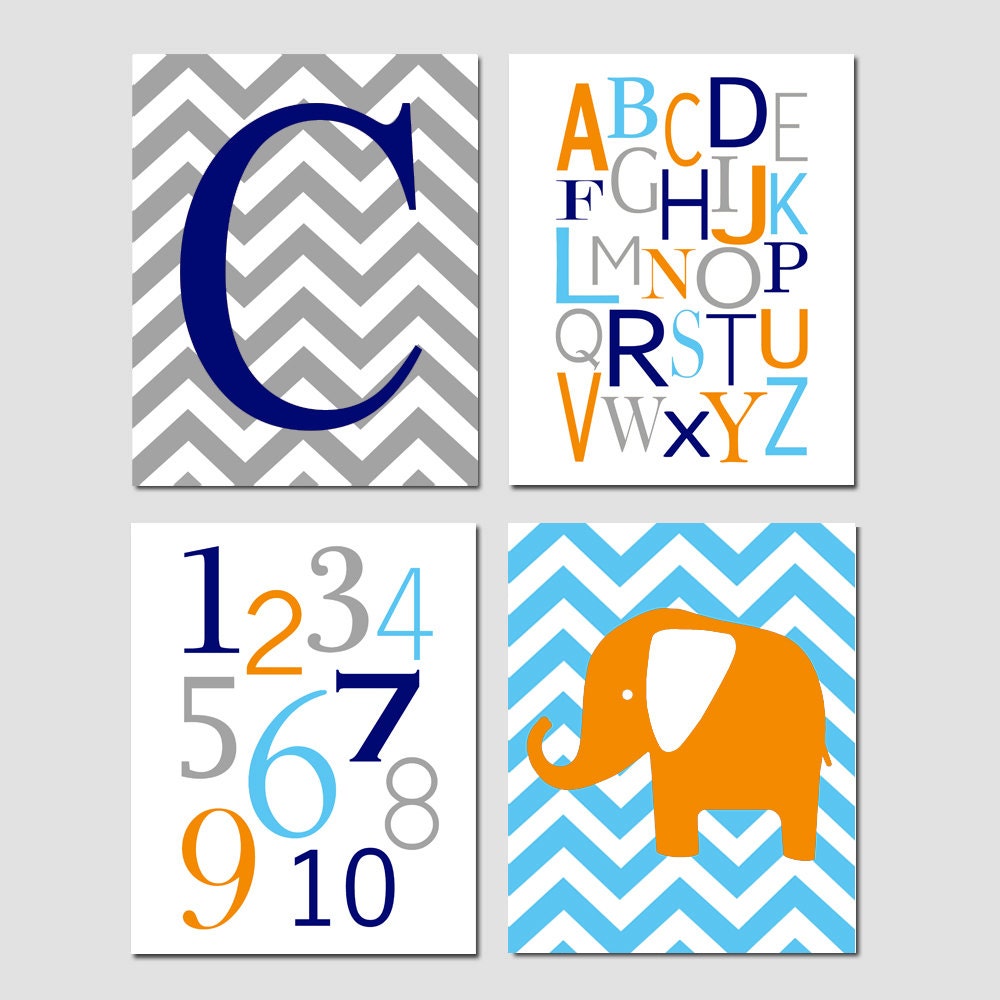 Modern Nursery Quad - Set of Four 11x14 Prints - Chevron Monogram, Modern Alphabet, Numbers, Chevron Elephant - Choose Your Colors