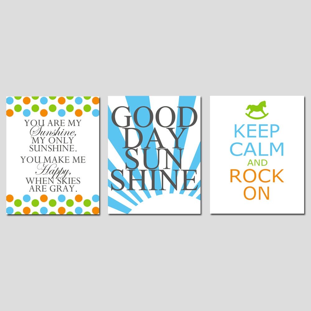 Modern Nursery Art Trio - Set of Three 11x14 Prints - You Are My Sunshine, Good Day Sunshine, Keep Calm and Rock On - Choose Your Colors