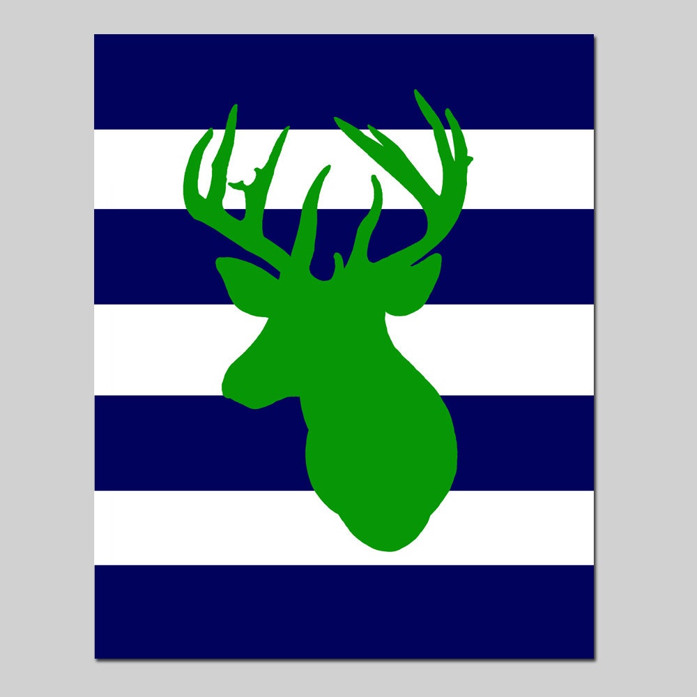 Striped Deer Head Silhouette - 8x10 Print - Kids Wall Art for Nursery - Choose Your Colors - Shown in Navy Blue, Green, and More