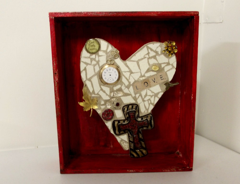 Red and Cream Heart  and Cross Found Object Art Mosaic Assemblage - LOVE is Key -- God Family Country