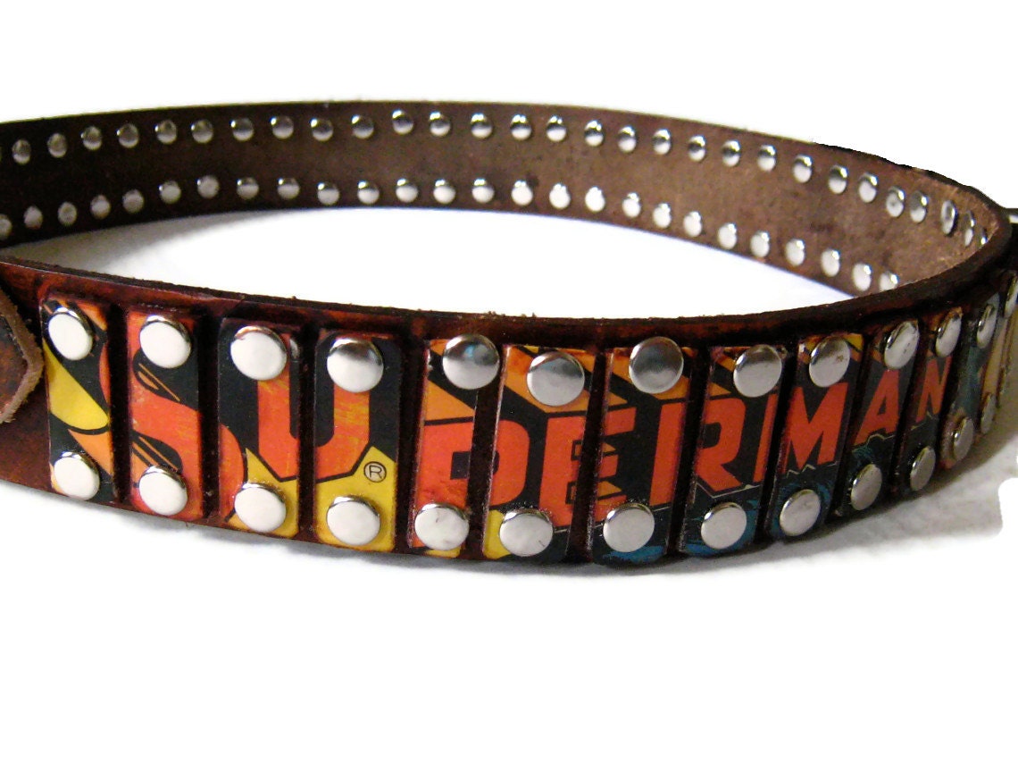 Studded leather belt featuring an art mosaic made from 1970s Superhero Record Album cover