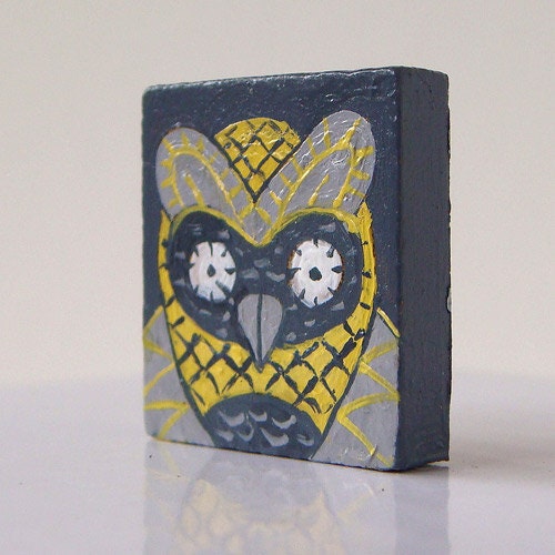 Gray & Yellow Graphic Owl original painting on Scrabble Tile