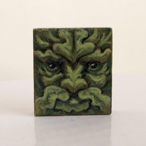 Green Man original painting on Scrabble Tile