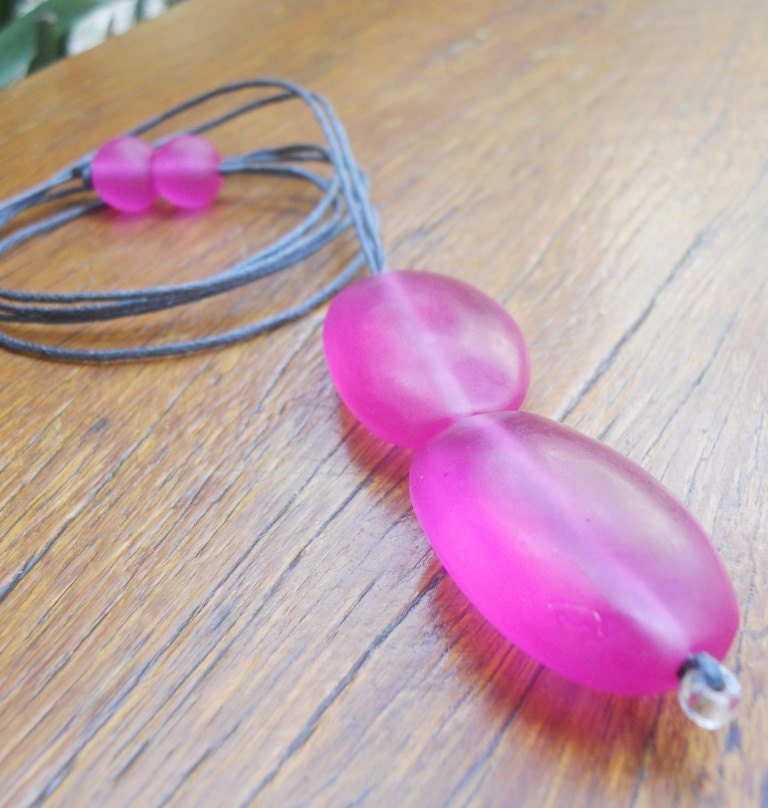 Resin bead necklace juicy raspberry pink double drop ovals on cotton cord