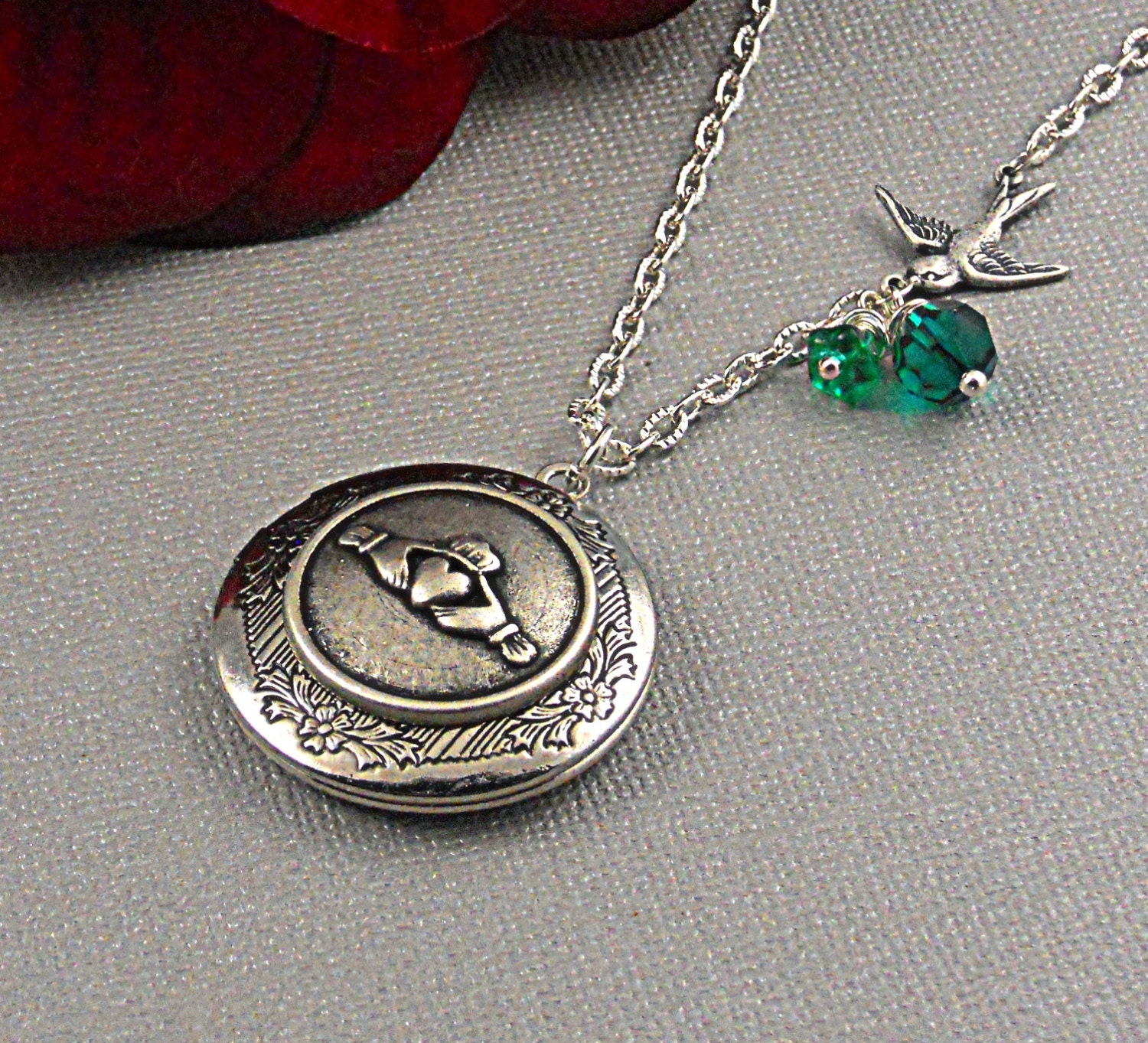 Irish Claddagh Locket, Antique Silver, Heart Crown, Lucky Love, Swallow Sparrow, Emerald Green Locket- PASSION