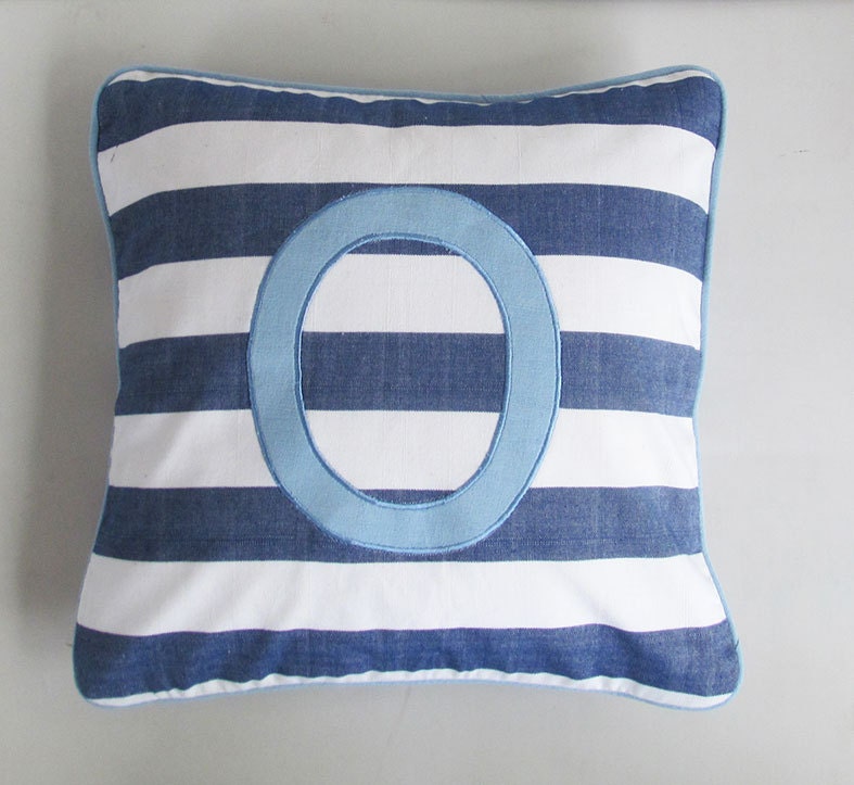 striped monogram pillow blue and white nautical striped - custom made 18 inches