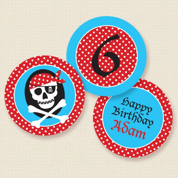 Pirate Skull Red Cupcake Toppers or Party Circles Personalized Printable (Digital File) Il_570xn