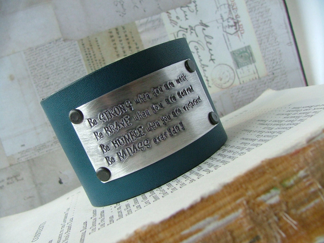 Be Strong Be Brave Be Humble Be BADASS Everyday Custom Hand Stamped 2 Inch Firm Denim Blue Leather Cuff by MyBella