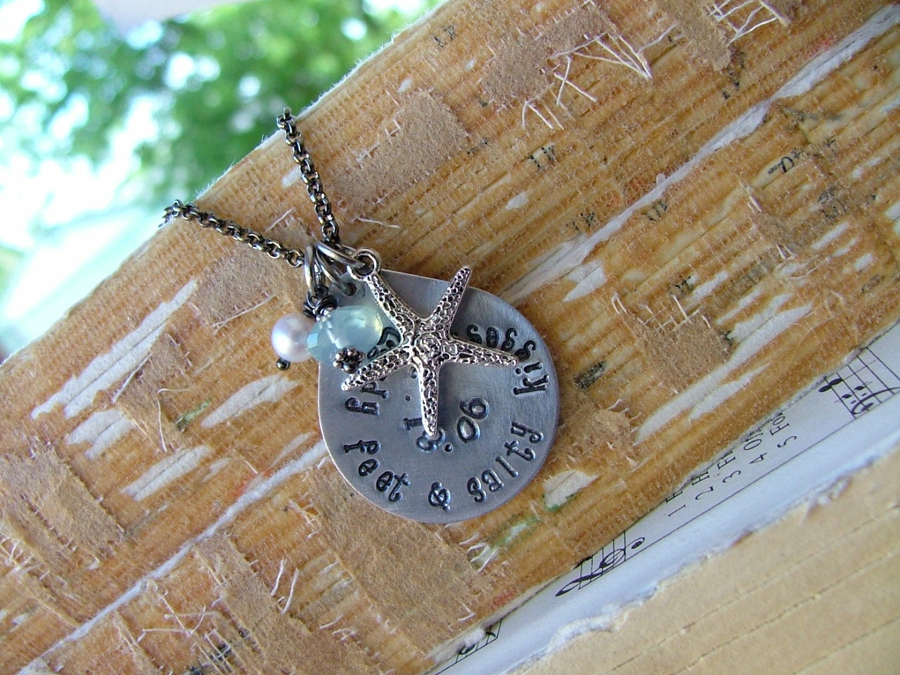 Sandy Feet & Salty Kisses Custom Hand Stamped Aluminum Tear Drop Pendant Memory Necklace by MyBella