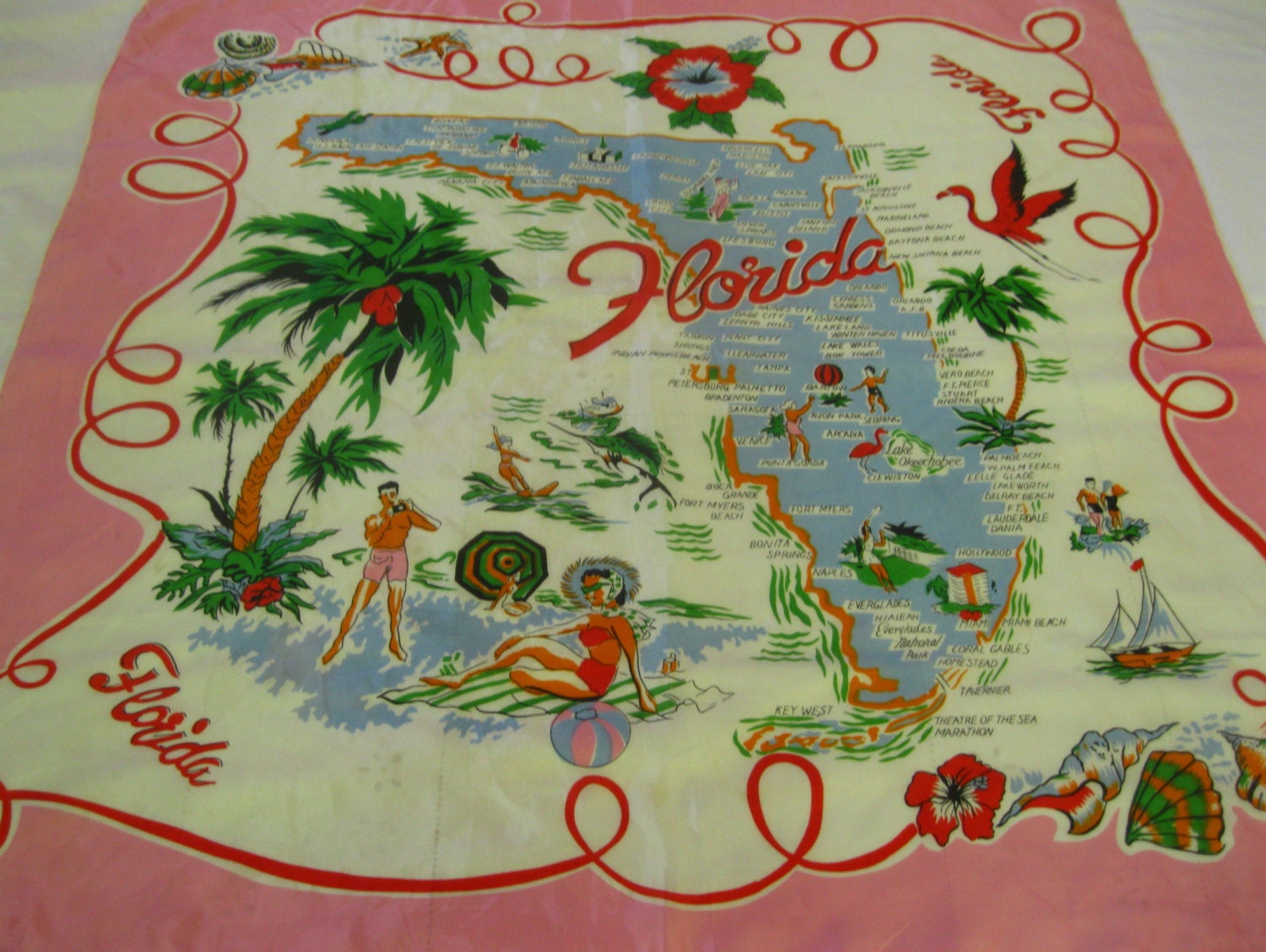 Vintage Florida souvenir scarf  pink with flamingo, hibiscus and palm trees