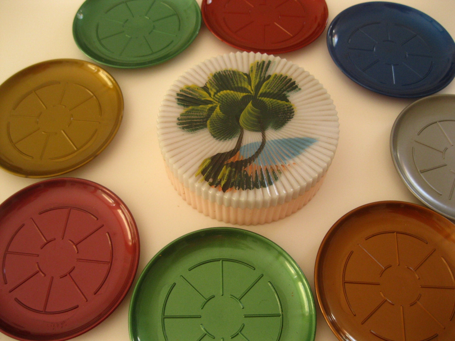 Vintage 1940s Miami Beach souvenir coasters - palm trees - set of 8
