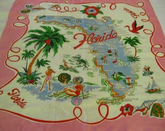 Vintage Florida souvenir scarf  pink with flamingo, hibiscus and palm trees