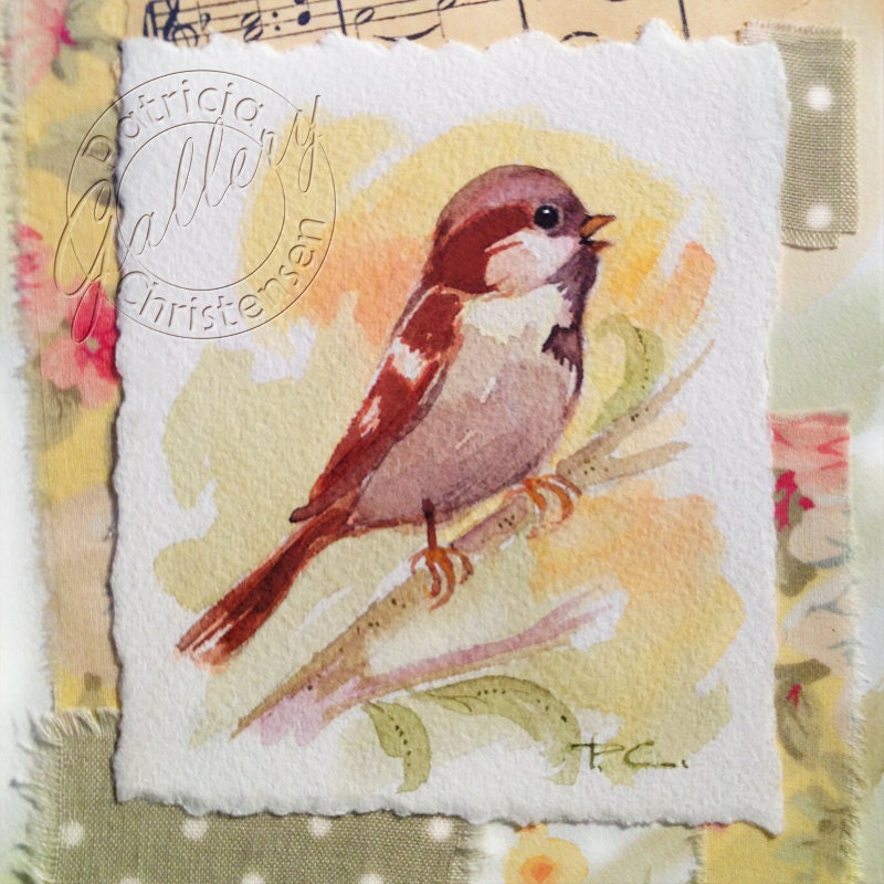 Sparrow Watercolor Collage Yellow Peach Original Music Fabric - PChristensenGallery