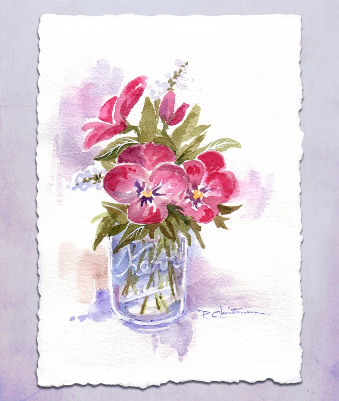 Spring Pink Purple Pansies Flowers Watercolor Painting - FREE Shipping