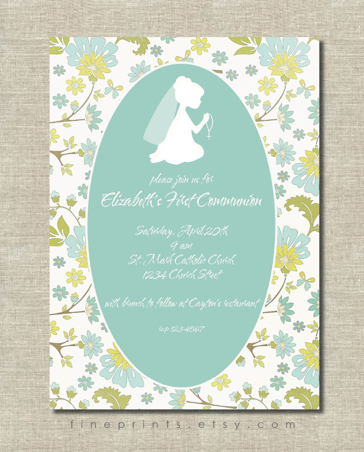 soft aqua and yellow floral first communion invitation with girl silhouette