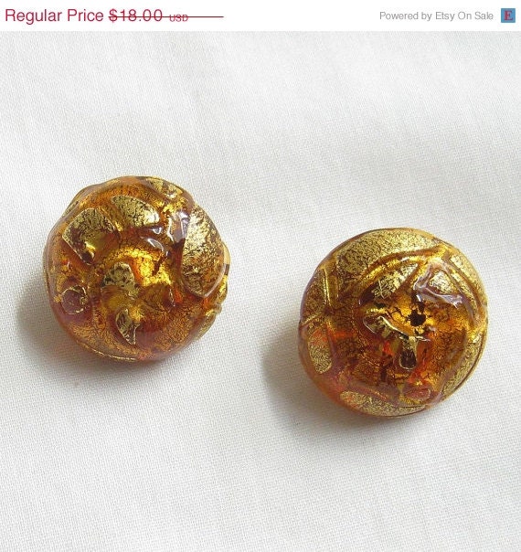 ON SALE Vintage Amber and Gold Foil Poured Molded Dragons Breath look Earrings