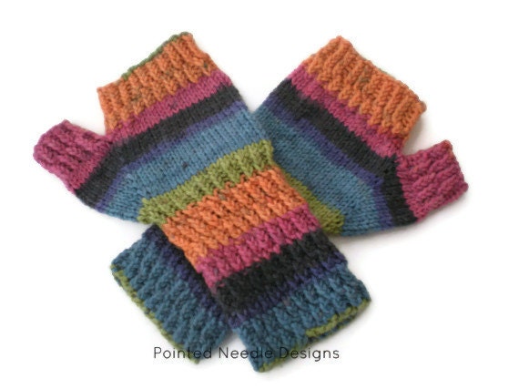Mittens - Hand Knit Brightly Striped Acrylic Mittens