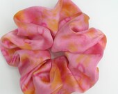 SILK Scrunchie, hand dyed, soft for hair, ponytail, silk, light pink, hot pink, orange, yellow, one of a kind original