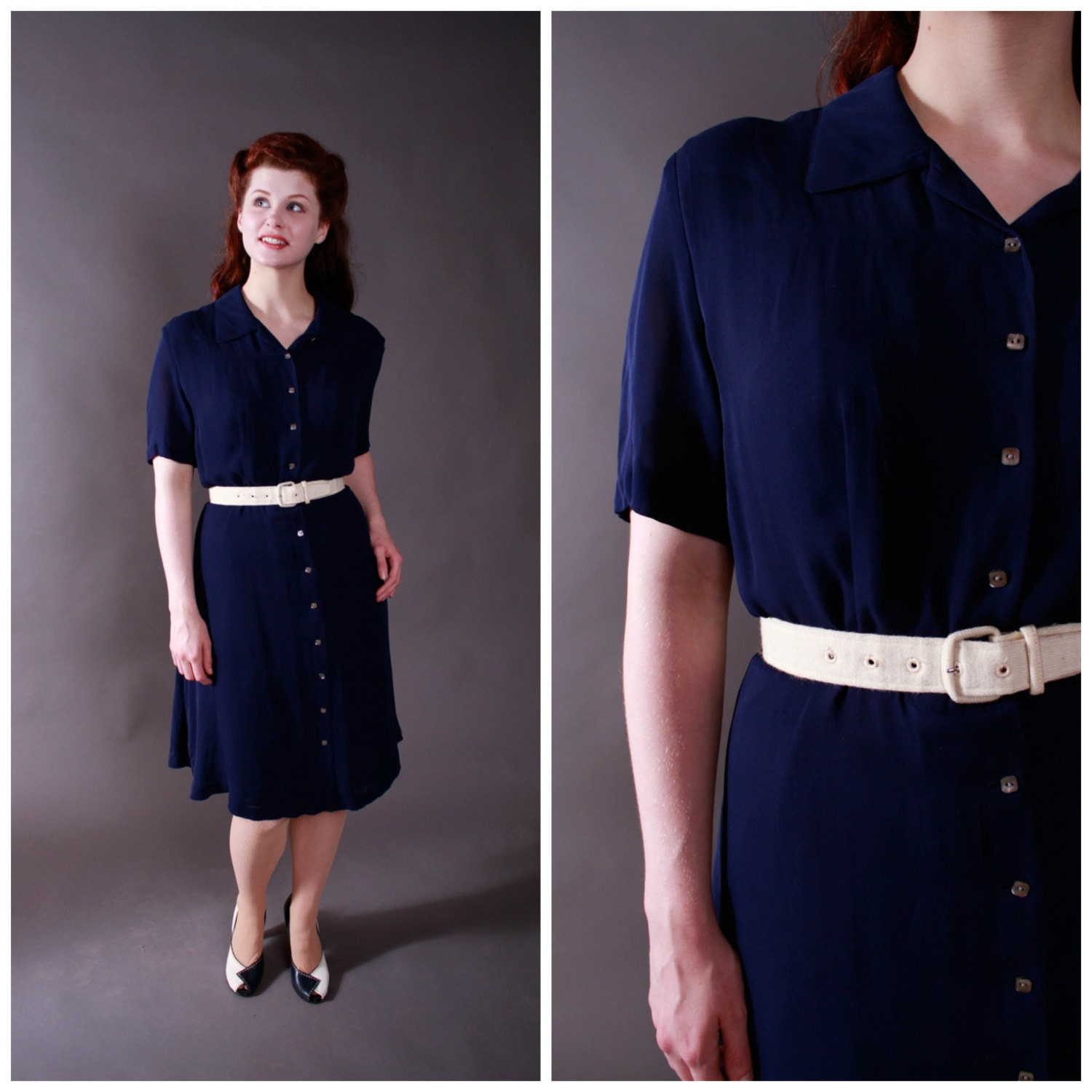 Vintage 1940s Style Dress - War Era Style Reproduction Silk Dress in Size XL