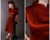 RESERVED ON LAYAWAY Vintage 1930s Dress - Late 30s/Early 40sHomemade Satin and Wool Crepe Rust and Brown Dress