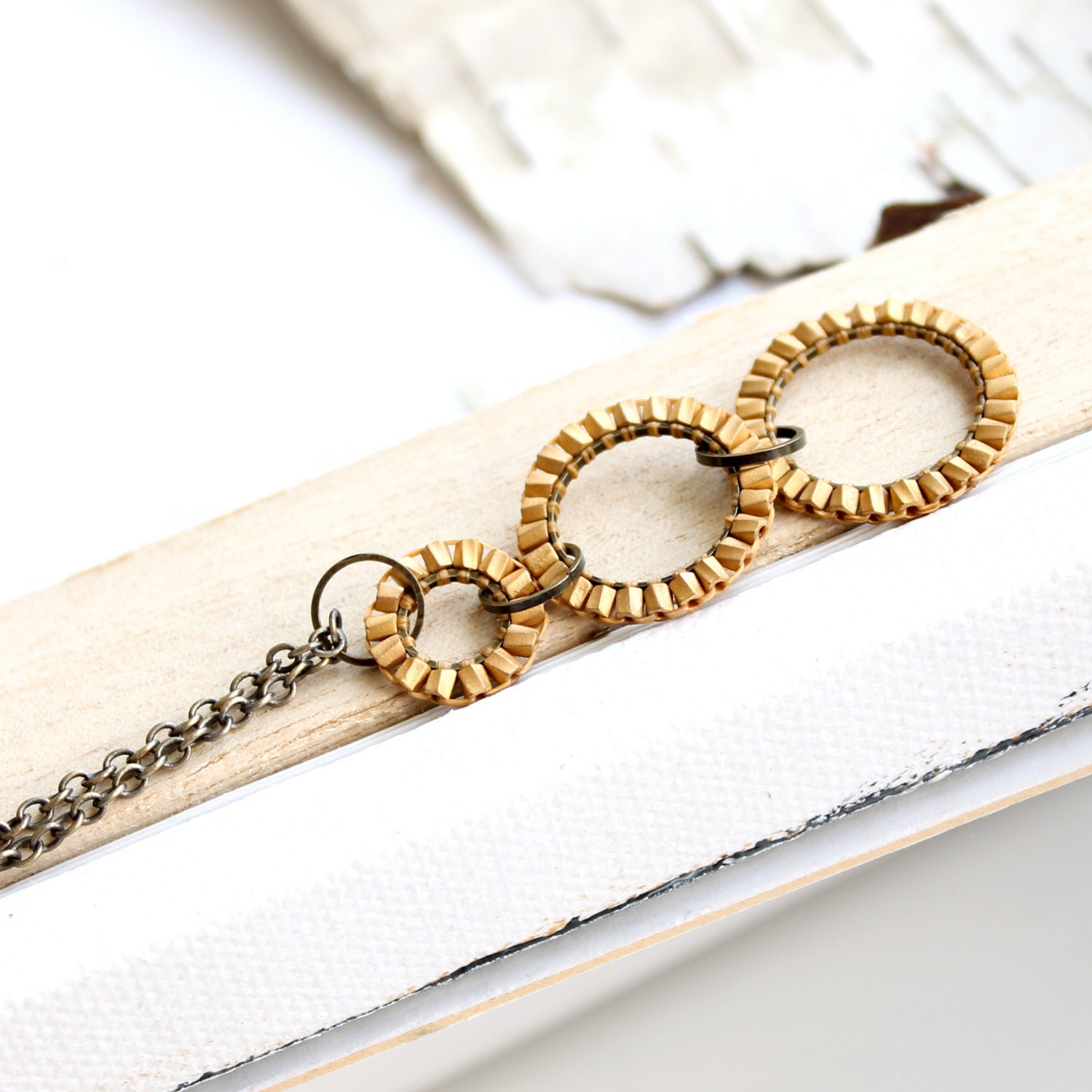 Gold Three Ring Glass Woven Brass Hoop - Beaded Necklace -Handmade Fashion Jewellery