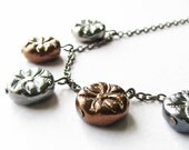 Metallic Necklace, Copper & Gunmetal Czech Fancy Pressed Glass Beads on Gunmetal Chain - Fashion Jewelry, Fall Fashion