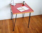 SALE Mid Century Modern Square Table with Hairpin Legs and Red Laminate Top