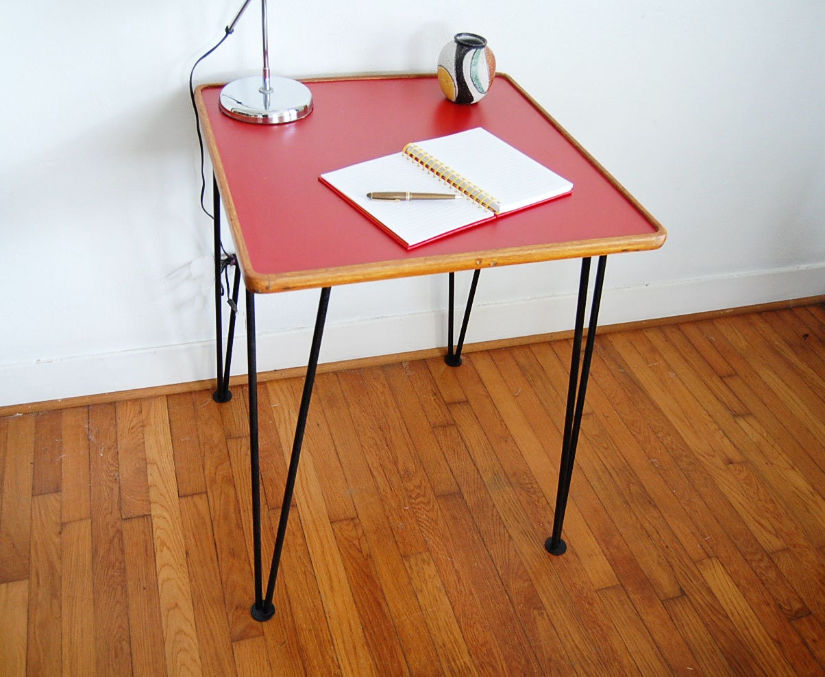 SALE Mid Century Modern Square Table with Hairpin Legs and Red Laminate Top
