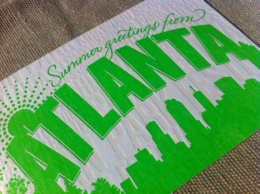Atlanta Summertime Letterpress Postcard-- individual postcard - Fluorescent Red or Green