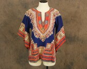 vintage 70s Daishiki Shirt - Blue and Red Ethnic African Batik Caftan Top Sz L