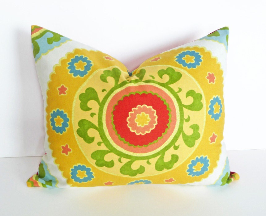 Colorful Suzani Pillow, Yellow Green Red Blue, Large Medallion, Unique, Eclectic, NEW Bohemian Decorative Throw Pillows 16x20