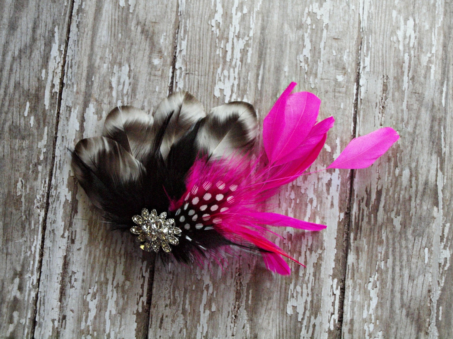 Hot Pink Black and Zebra Feather Hair Clip