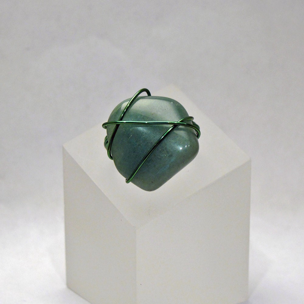 Wire-wrapped Ring - Chunky Green Aventurine with Green Jeweler's Wire - Size 6