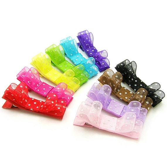 10 Organza Hair Clips, Girls Polka Dot Hair Clips, Fancy Tuxedo Bows, Rainbow Clip Set, Toddler Girls Hair Bows, Dressy Baby Clips
