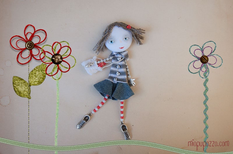 Art Doll Brooch Little Girl and her Bunny mixed media collage
