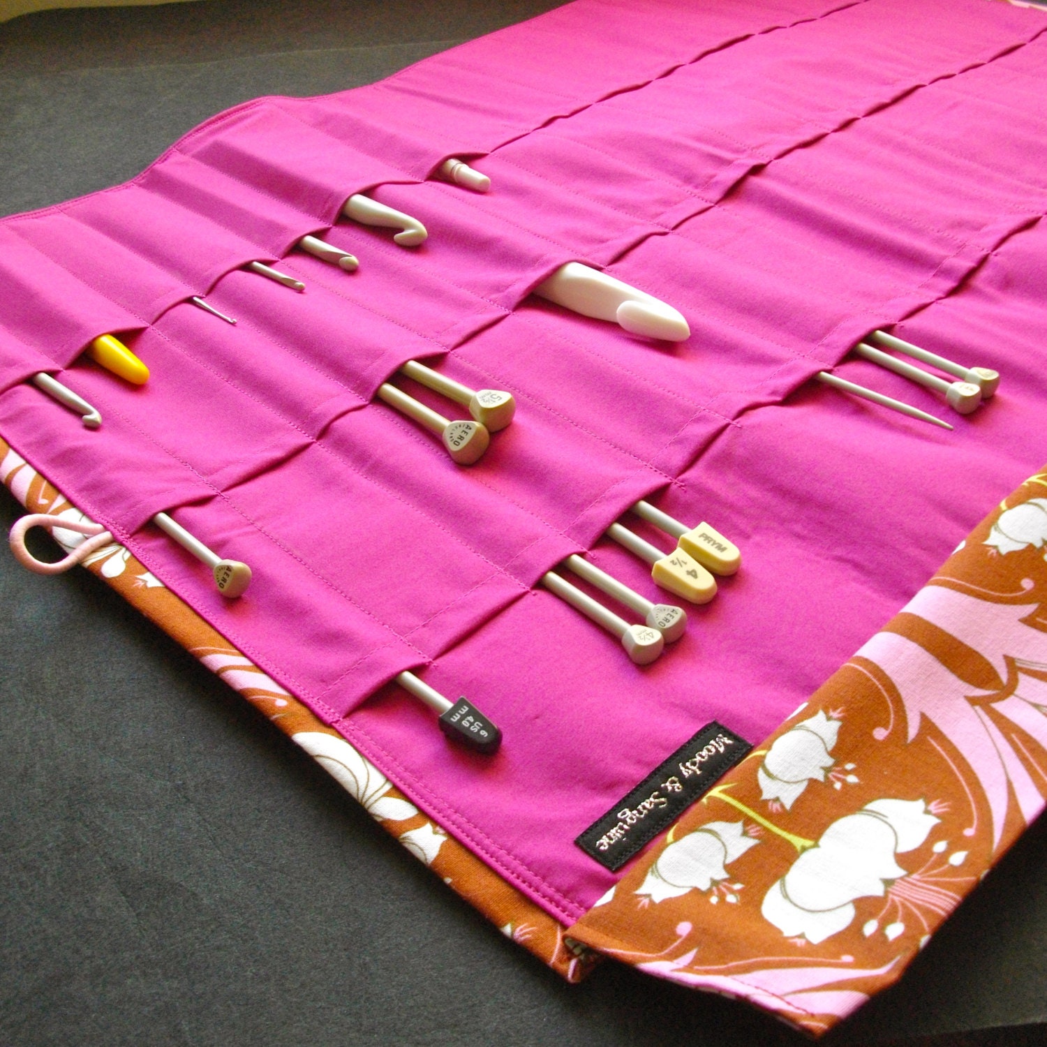 Knitting Needle Organizer -Love Debbie Knitting Needle Holder Soul Blossoms Temple Tulips in Mulberry, Bright Fuchsia Lining